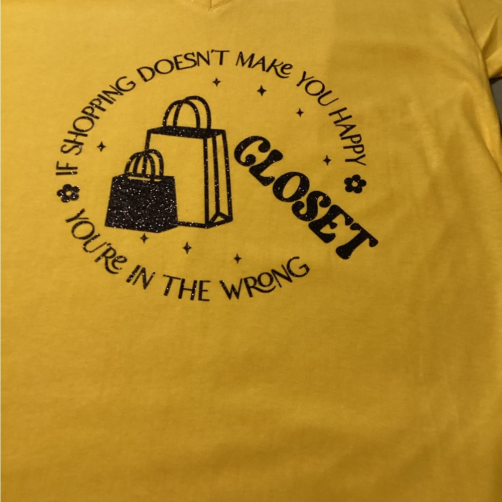 Yellow Graphic Tee with Shopping Quote